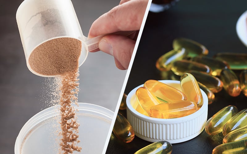Collage of protein powder and fish oil