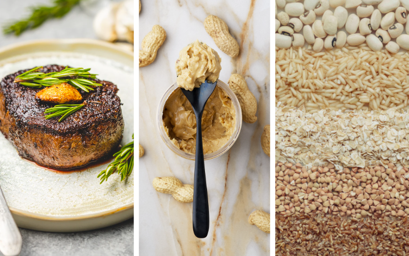 Split image showing steak, peanut butter, and assorted grains.