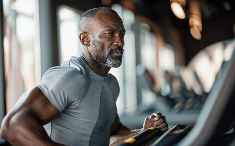 Older man doing cardio on the treadmill in the gym.