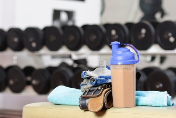 Shaker bottle with protein shake.