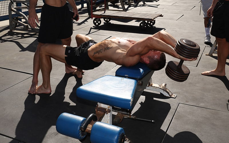 Coach Myers at Venice Beach Golds Doing Dumbbell Pullovers