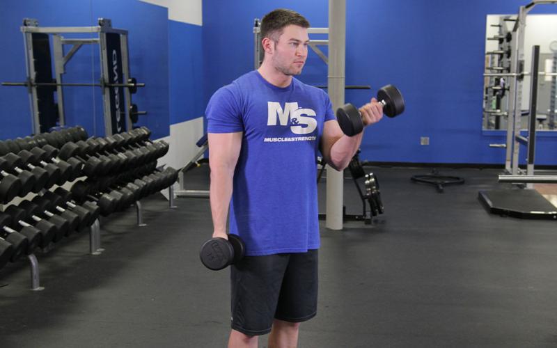 Fit man doing an alternating standing dumbbell curl in the gym.