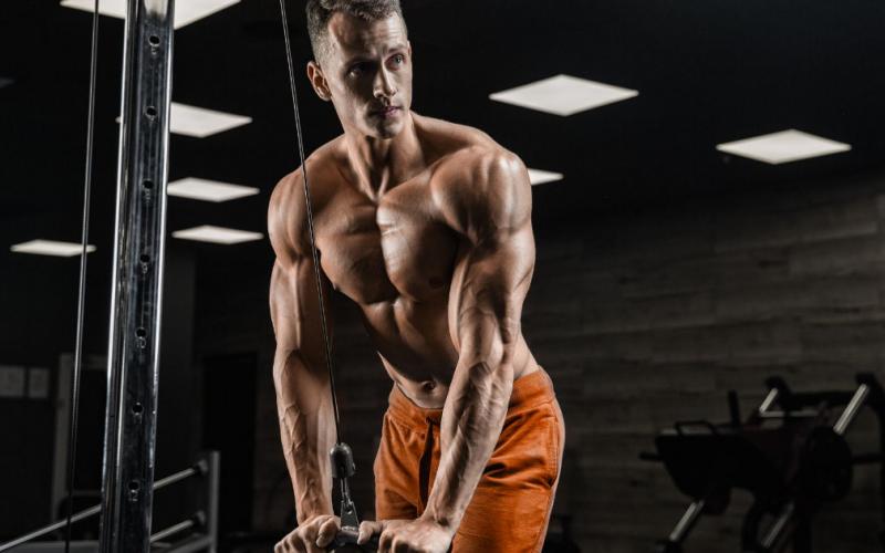 Muscular, shirtless man doing cable tricep pushdowns.