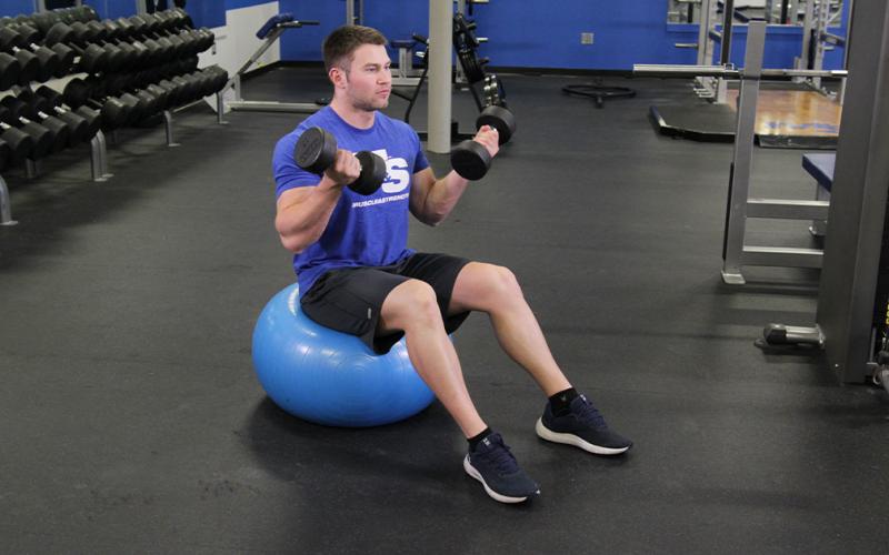 Fit man doing an exercise ball dumbbell curl in the gym.