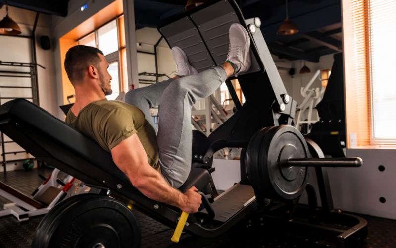 Man doing leg press in gym setting.