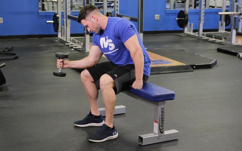 Fit man doing a one-arm seated neutral grip dumbbell wrist curl in the gym.
