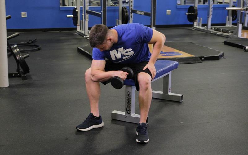 Fit man doing a reverse grip concentration curl in the gym.