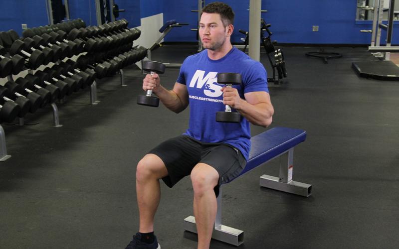 Fit man doing a seated hammer curl in the gym.