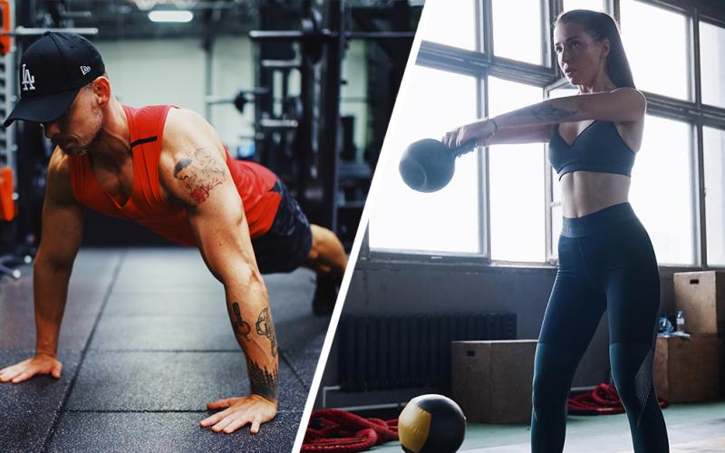Split image of a man doing pushups and a female doing kettlebell swings