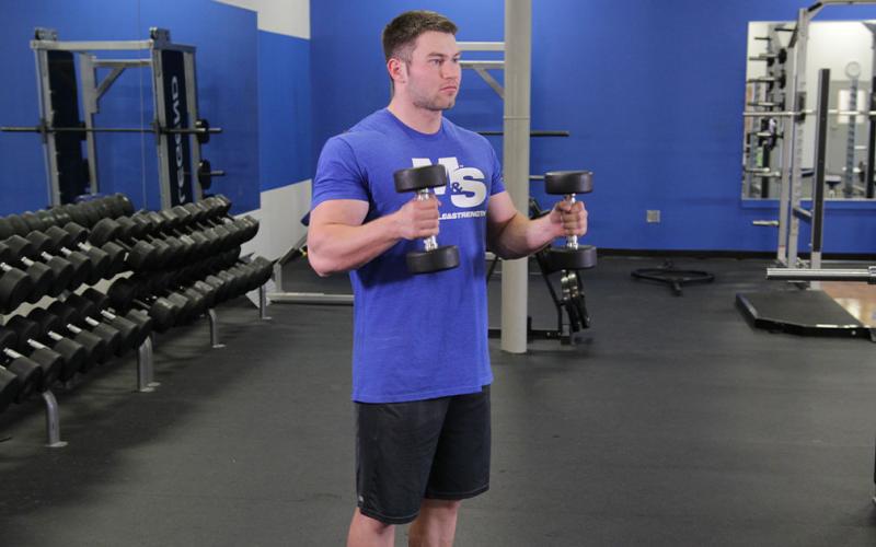 Fit man doing a standing hammer curl in the gym.