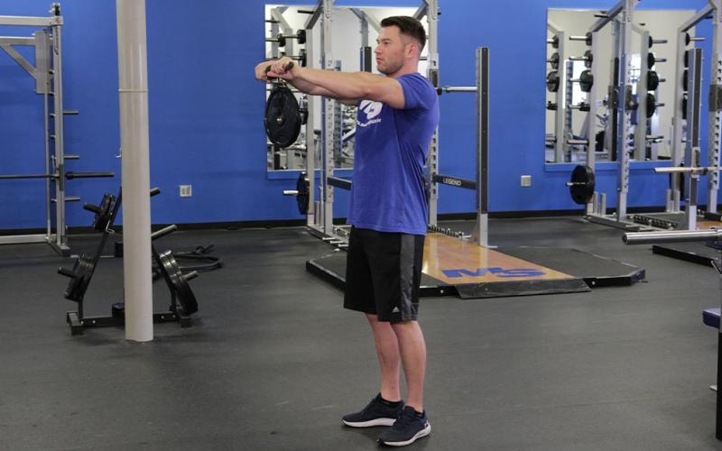 Fit man doing wrist rollers in the gym.