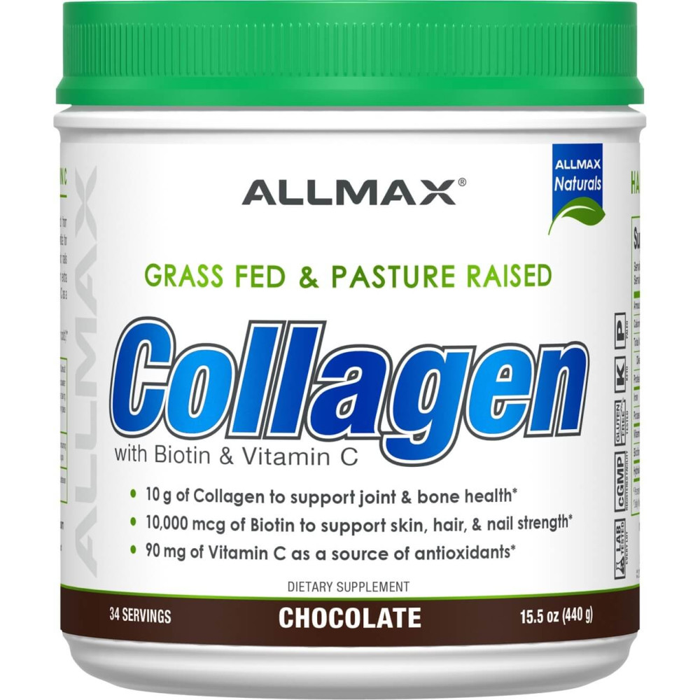 AllMax Nutrition Collagen Grass-Fed & Pasture Raised w/Biotin + Vitamin C - 34 Servings Chocolate