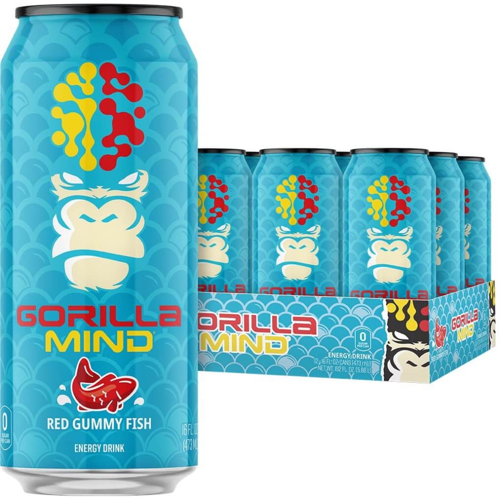 Gorilla Mind Energy Drink - Box of 12 Red Gummy Fish
