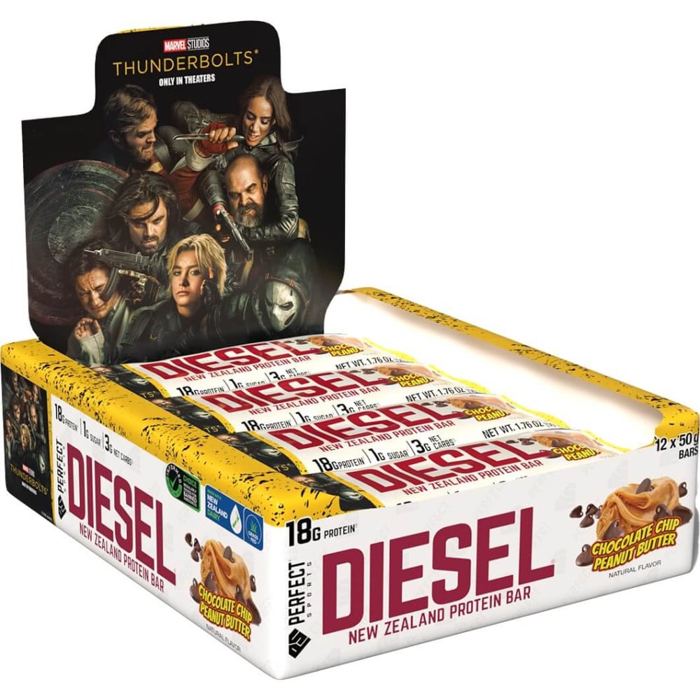 Perfect Sports Diesel New Zealand Protein Bars - Box of 12 Chocolate Chip Peanut Butter (Thunderbolts)