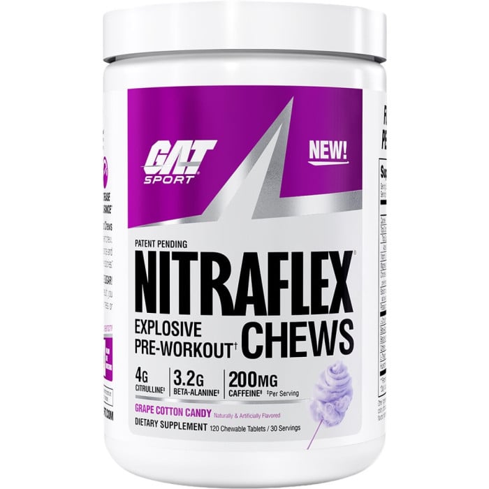 GAT Sport Nitraflex Pre-Workout Chews - 120 Chewable Tablets Grape Cotton Candy