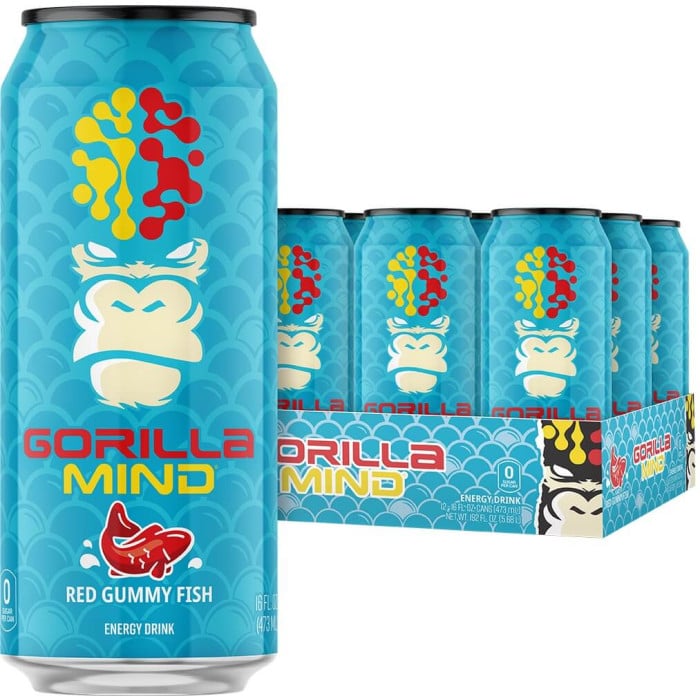 Gorilla Mind Energy Drink - Box of 12 Red Gummy Fish
