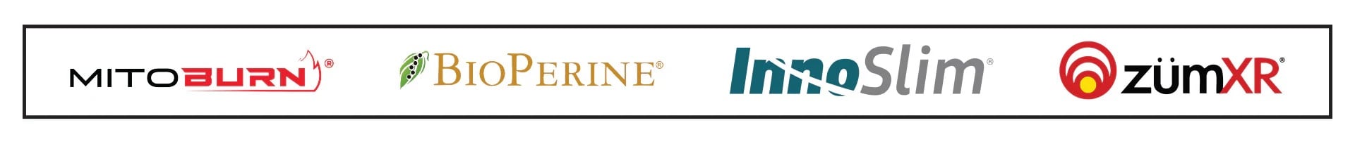 banner displaying the logos of trademarked ingredients: MitoBurn, BioPerine, InnoSlim, and zümXR
