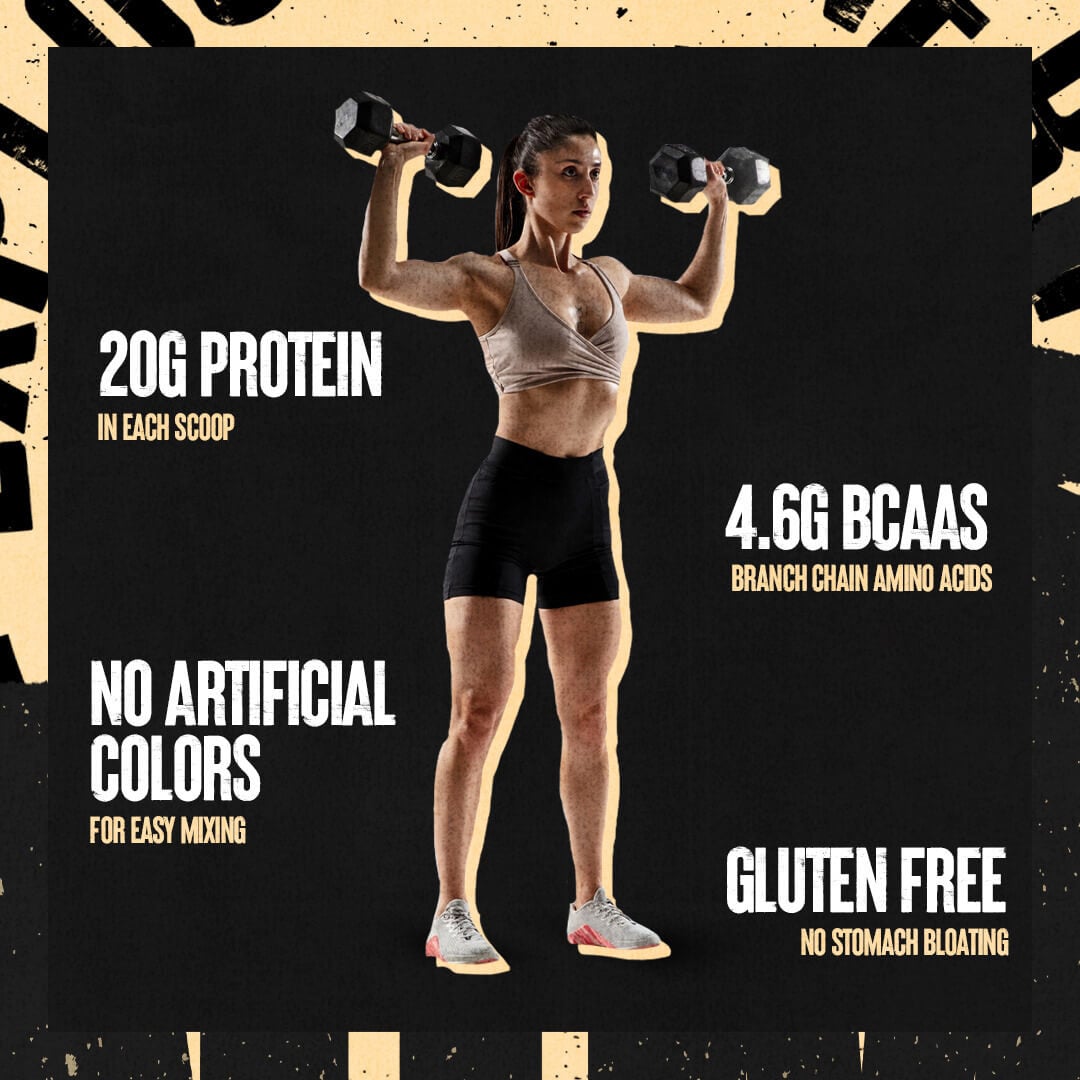 Woman performing a dumbbell press with text highlighting product benefits: 20g protein, 4.6g BCAAs, no artificial colors, and gluten-free