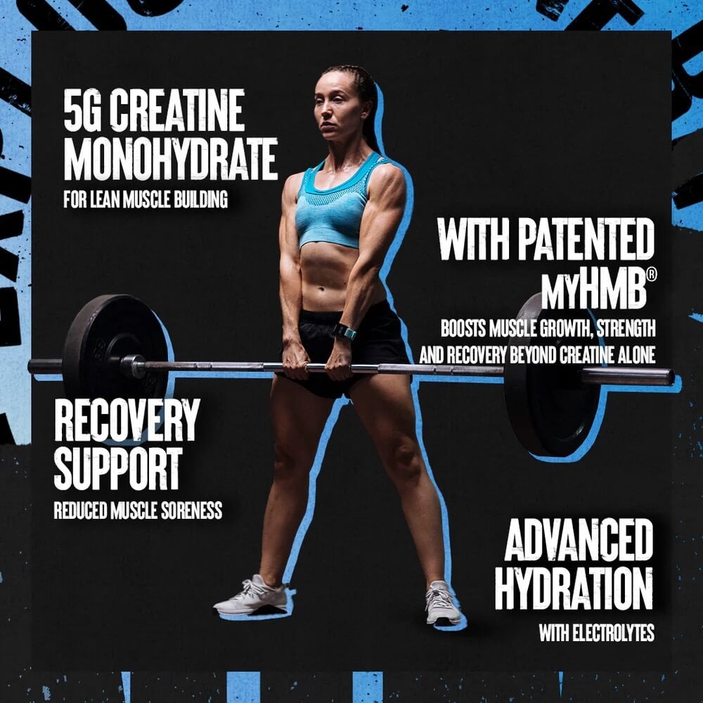 Woman deadlifting with benefits of Creatine HMB+ highlighted