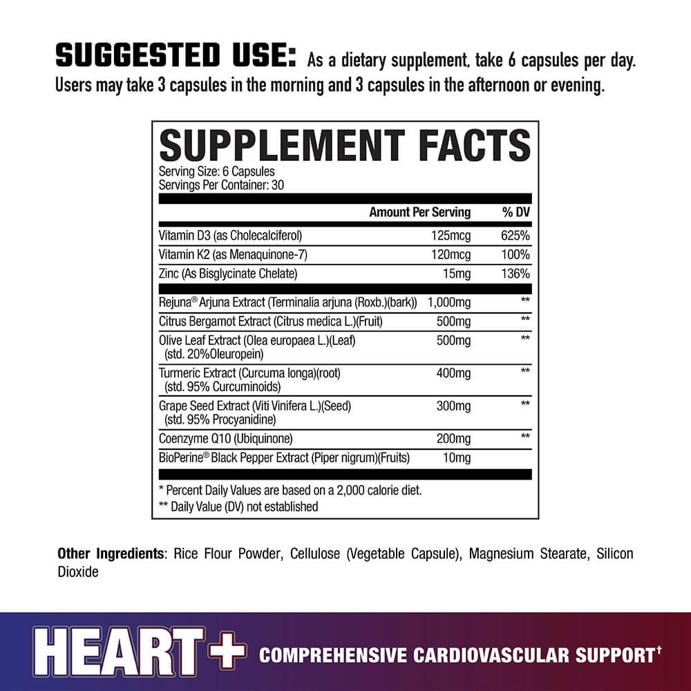 Supplement Facts panel for Heart+ Comprehensive Cardiovascular Support, showing ingredients and dosages