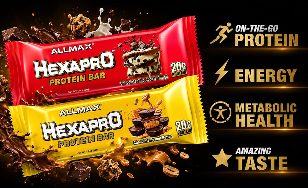 ALLMAX HEXAPRO Protein Bar in Chocolate Chip Cookie Dough and Chocolate Peanut Butter with 20g protein, featuring on-the-go protein, energy, metabolic health and amazing taste benefits