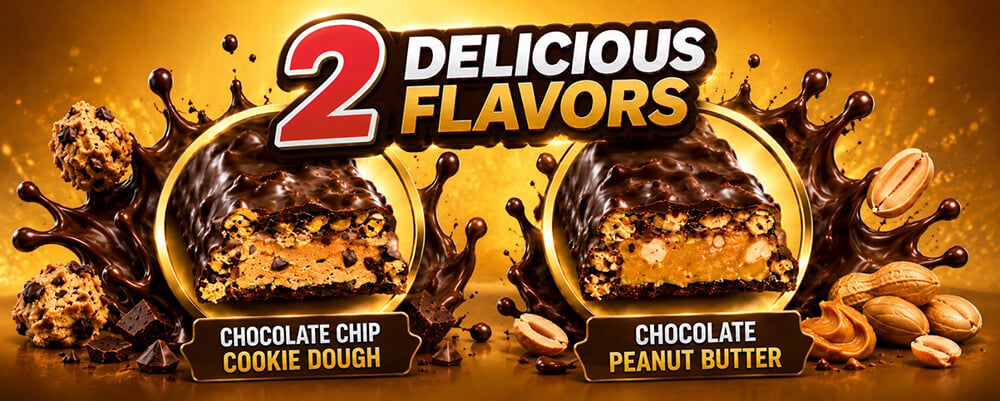 ALLMAX HEXAPRO Protein Bar 2 delicious flavors banner showing Chocolate Chip Cookie Dough and Chocolate Peanut Butter bar cross-sections