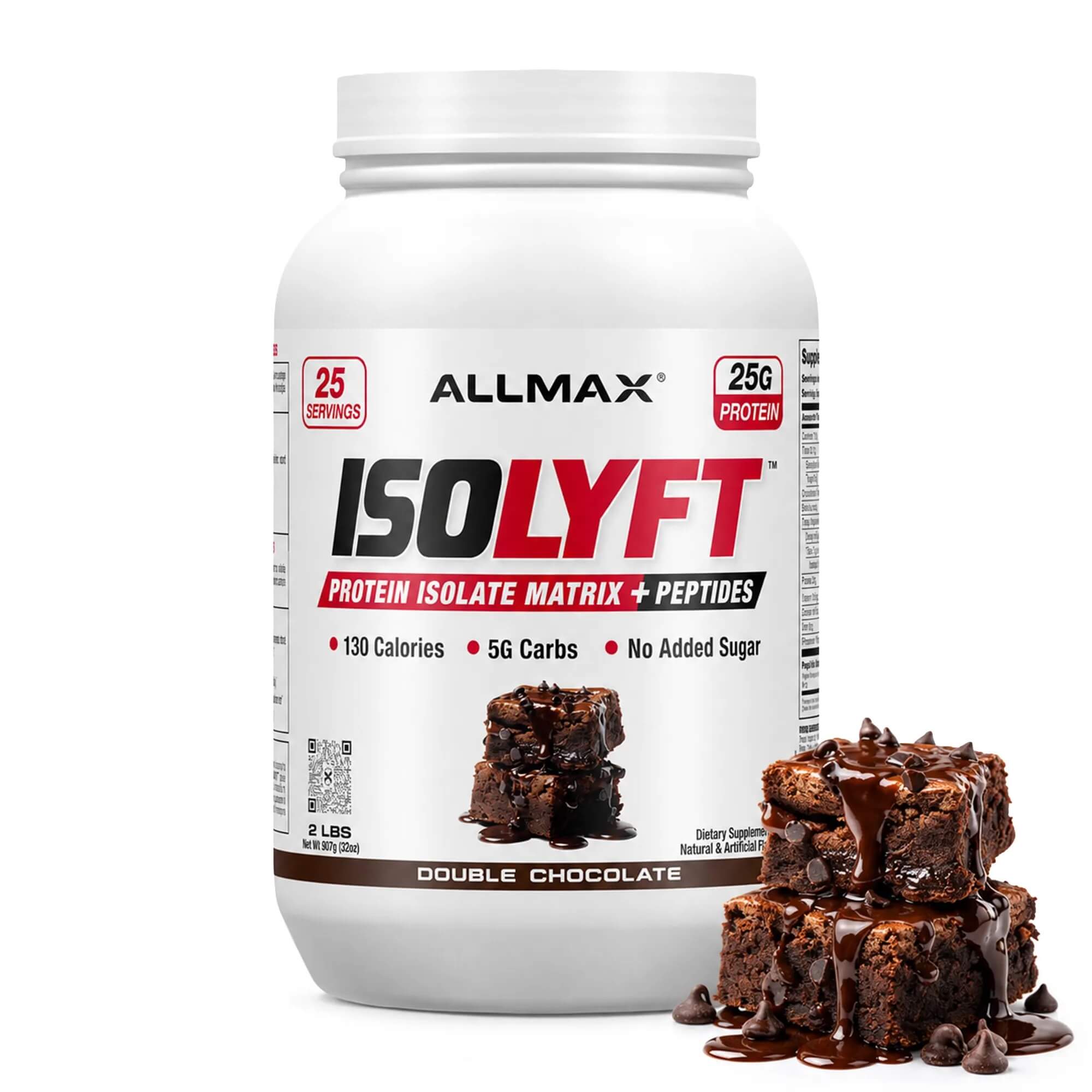 ALLMAX ISOLYFT Protein Isolate Matrix + Peptides Double Chocolate, 25g Protein, 130 Calories, 5g Carbs, No Added Sugar