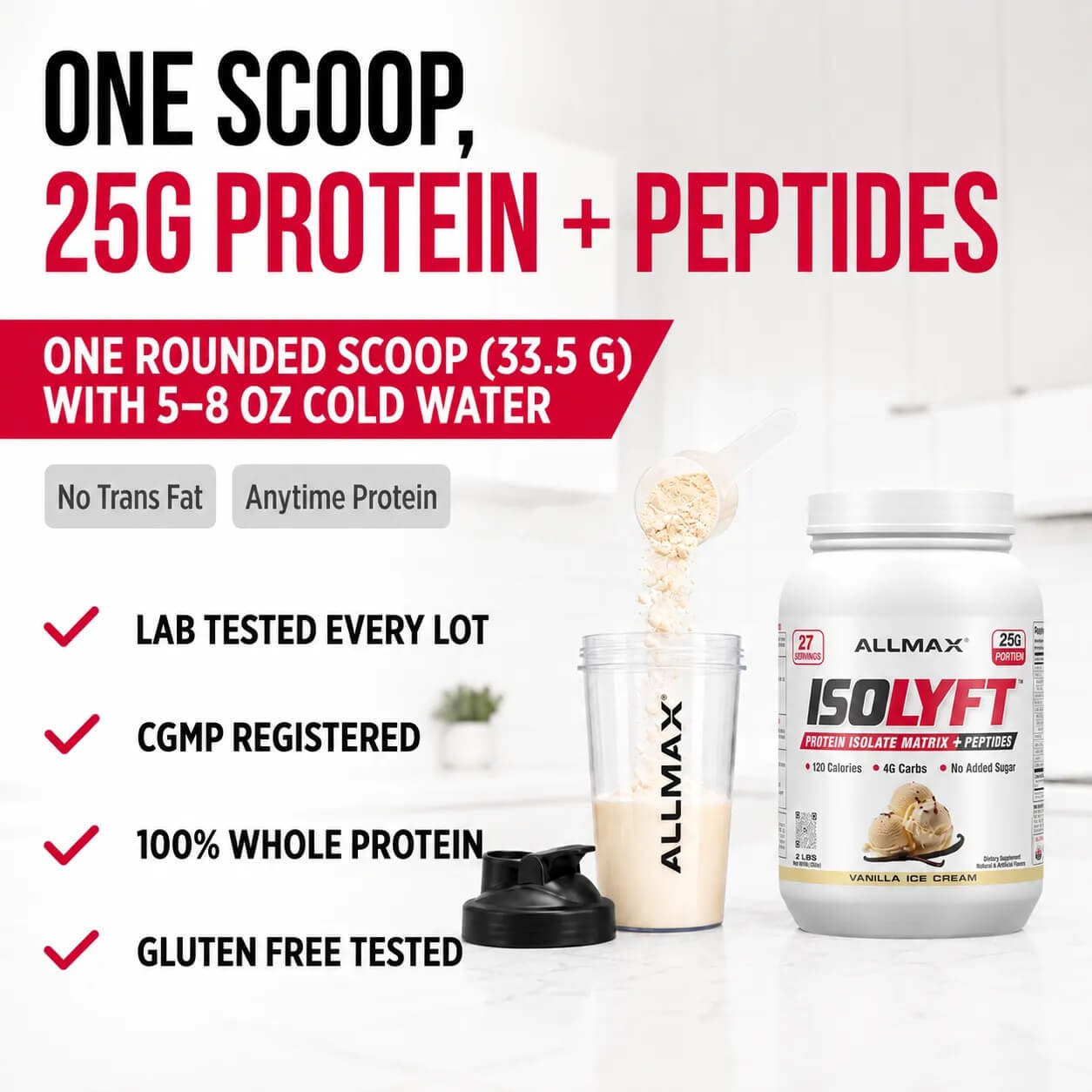 ALLMAX ISOLYFT One Scoop, 25g Protein + Peptides. Lab Tested Every Lot, cGMP Registered, 100% Whole Protein, Gluten Free Tested