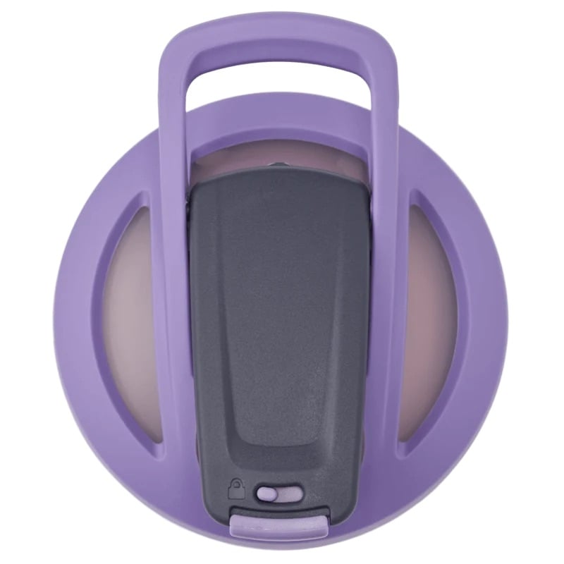 Purple and gray water bottle with carrying handle and measurement markings on the sides, top view.