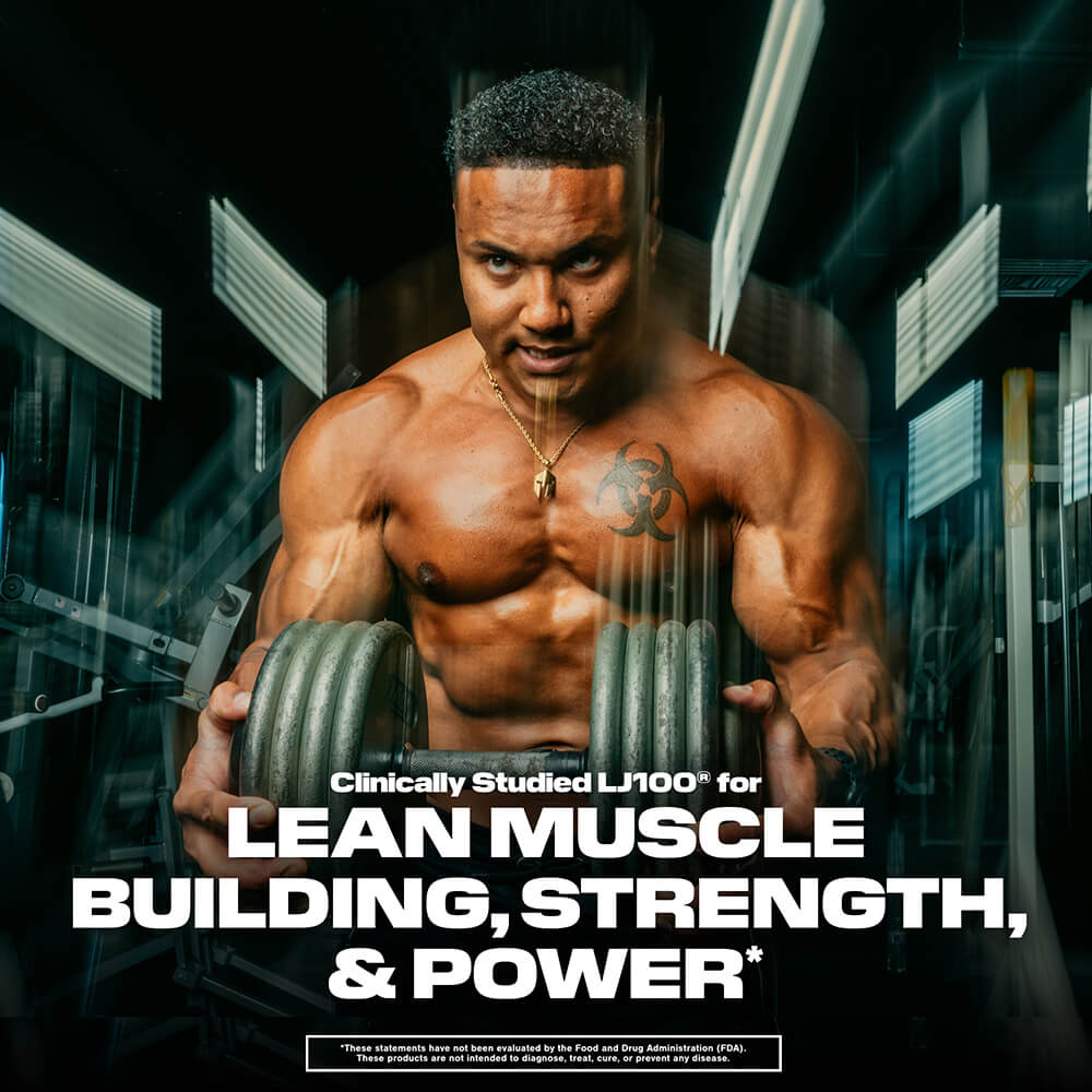 Muscular man training with dumbbells, clinically studied LJ100 for lean muscle building, strength, and power