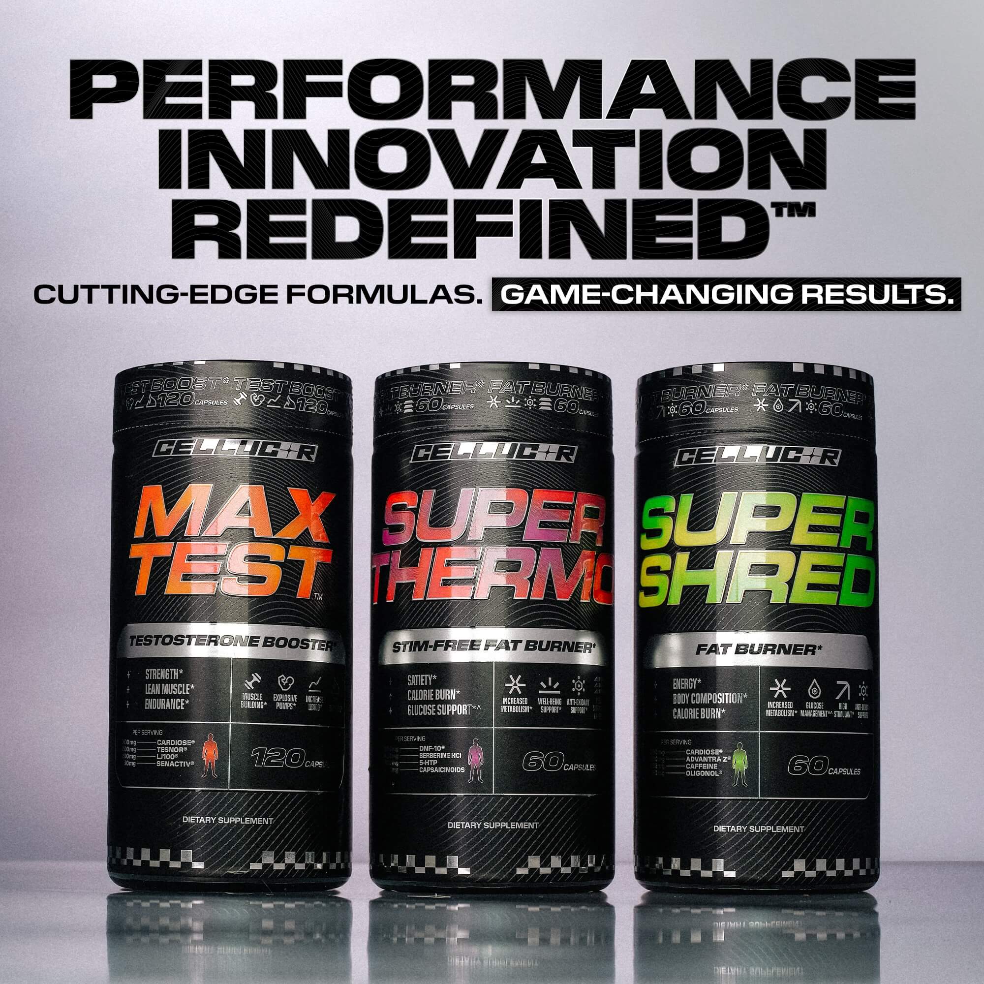 Product page footer featuring max test, super thermo, super shred