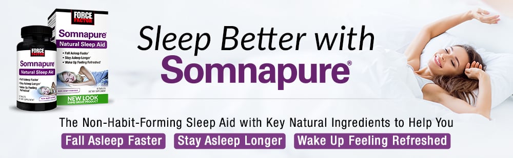 Woman in bed with Force Factor Somnapure Sleep aid bottle shot and advantages