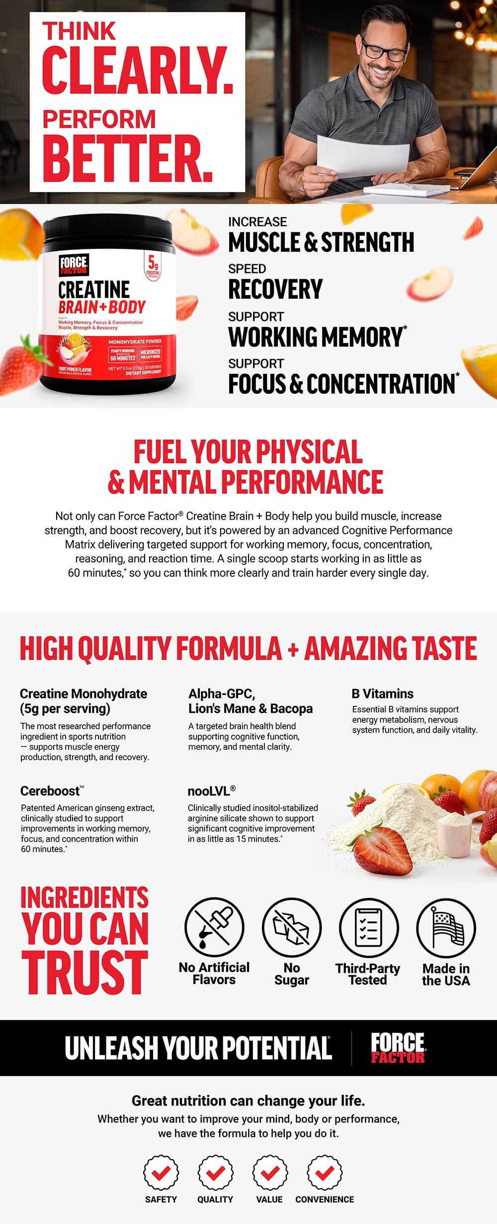 Full product page for Force Factor Creatine Brain + Body featuring lifestyle images, full product description, and list of product features and benefits