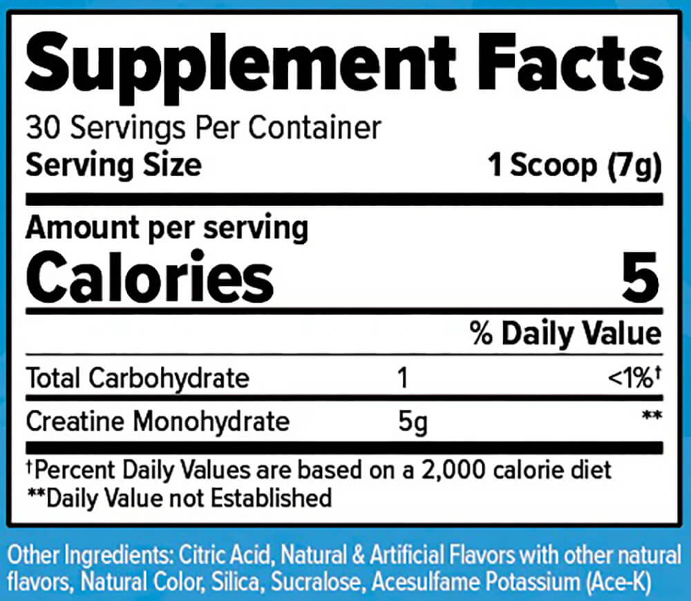 Supplement Facts label for Finaflex Creatine showing 5g of Creatine Monohydrate per serving