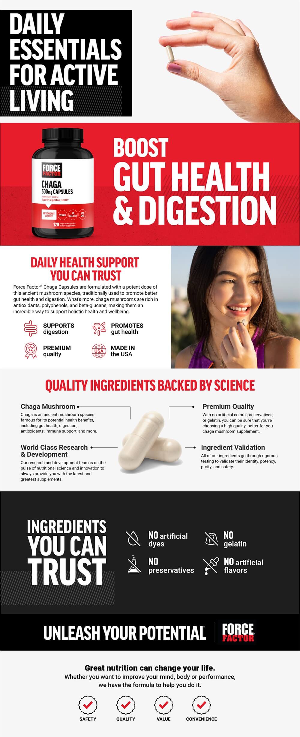 Full product page for Chaga featuring lifestyle images, full product description, and list of product features and benefits