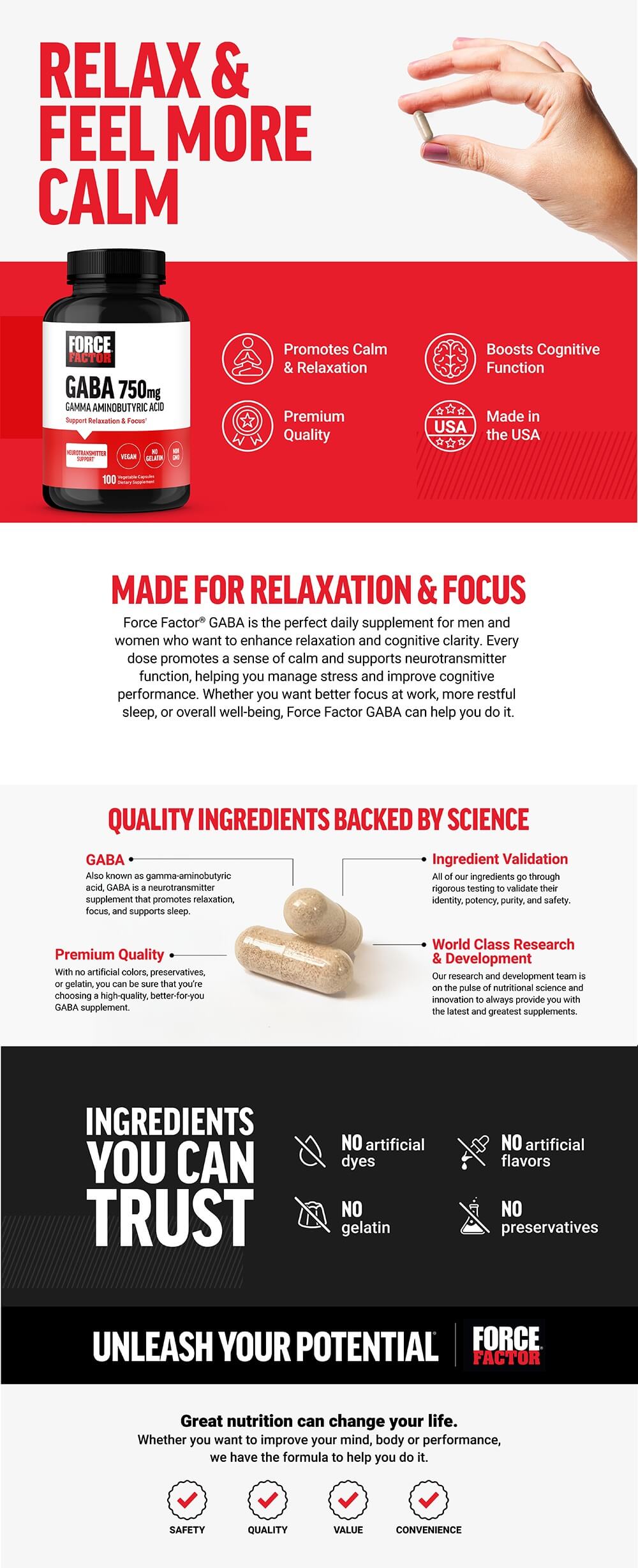 Full product page for GABA featuring lifestyle images, full product description, and list of product features and benefits