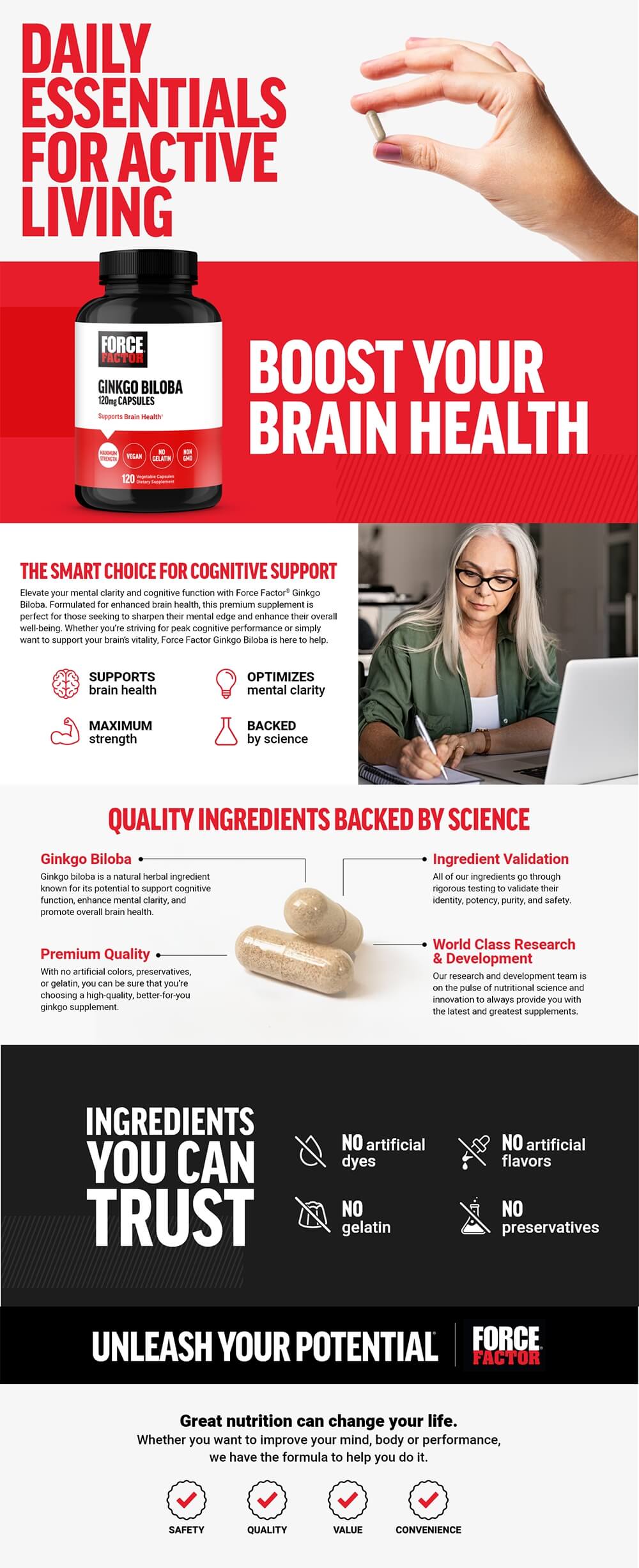 Full product page for Ginkgo Biloba featuring lifestyle images, full product description, and list of product features and benefits