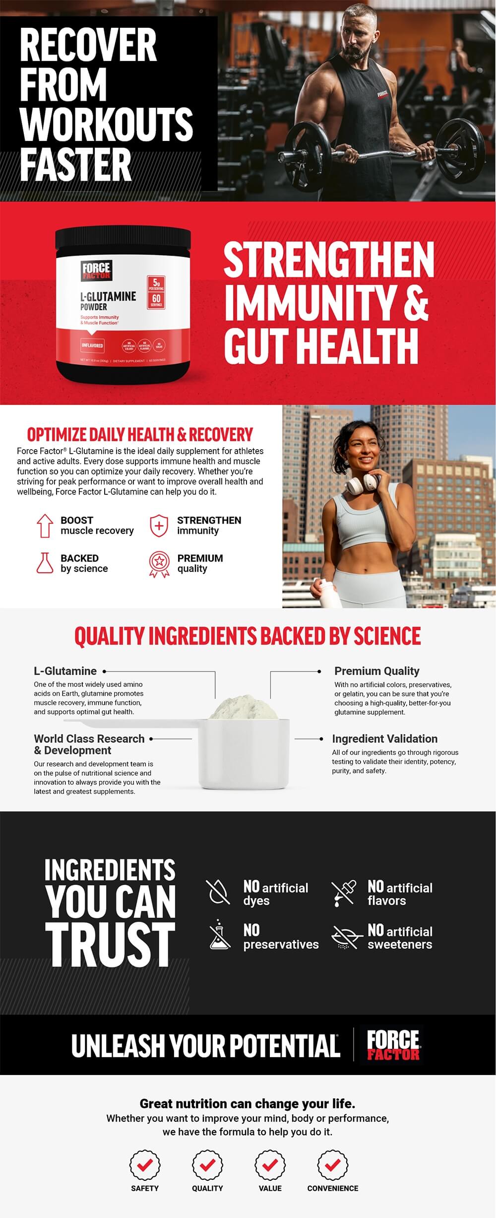 Full product page for L-Glutamine Powder featuring lifestyle images, full product description, and list of product features and benefits