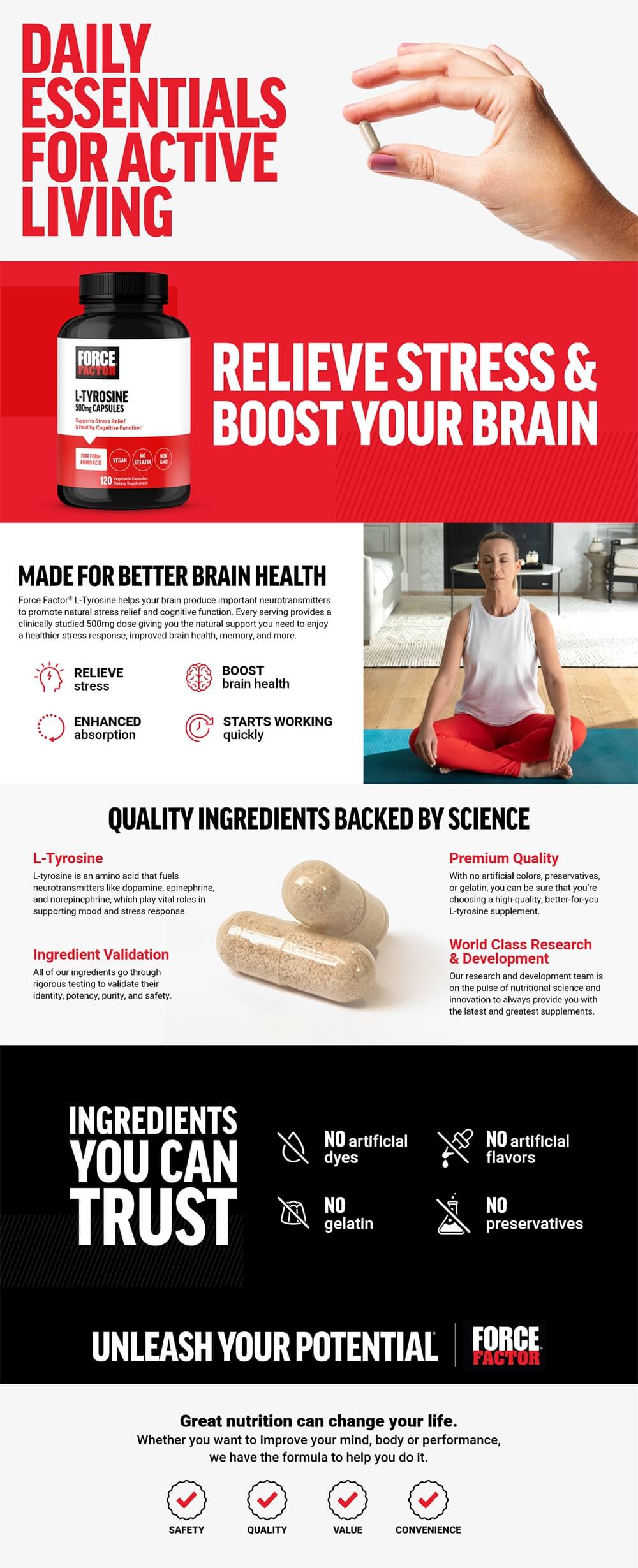 Full product page for L-Tyrosine featuring lifestyle images, full product description, and list of product features and benefits