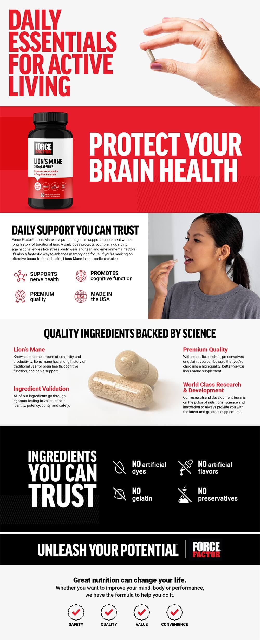 Full product page for Force Factor Lion's Mane featuring lifestyle images, full product description, and list of product features and benefits
