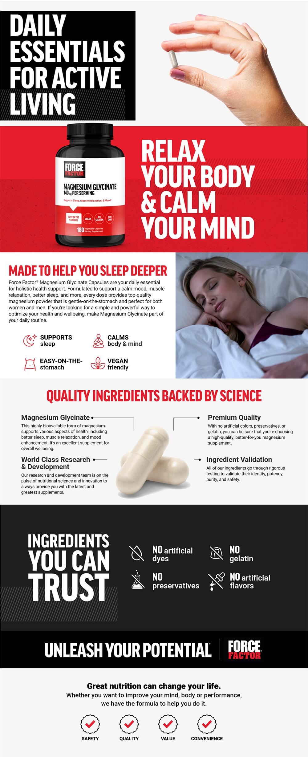 Full product page for Magnesium Glycinate featuring lifestyle images, full product description, and list of product features and benefits
