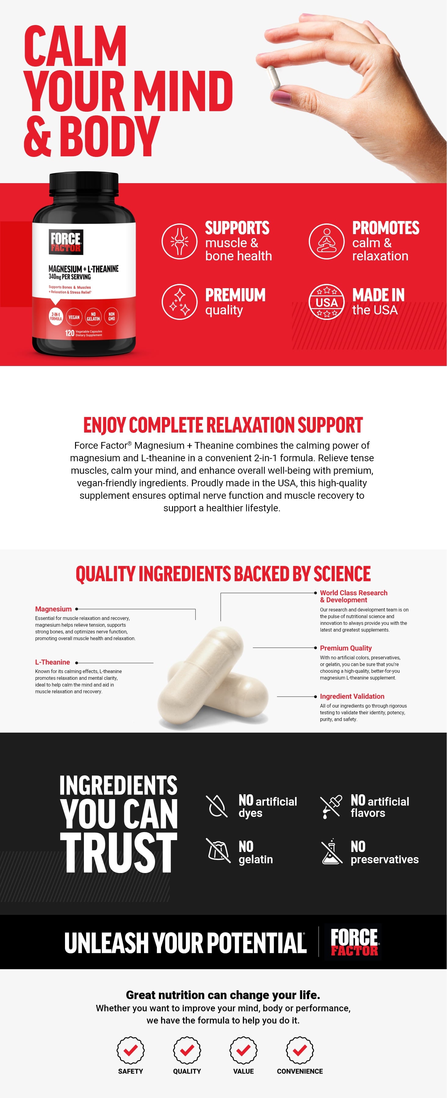 Full product page for Magnesium + L-Theanine featuring lifestyle images, full product description, and list of product features and benefits