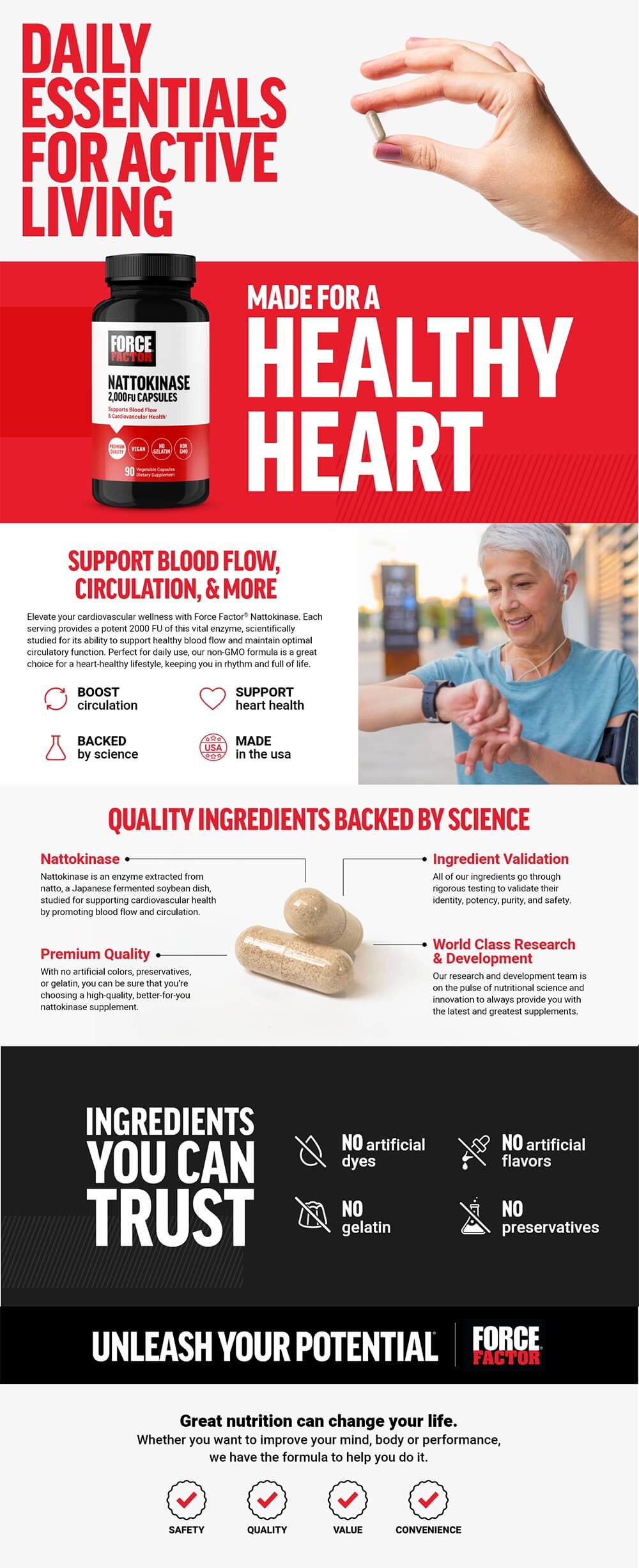 Full product page for Nattokinase featuring lifestyle images, full product description, and list of product features and benefits