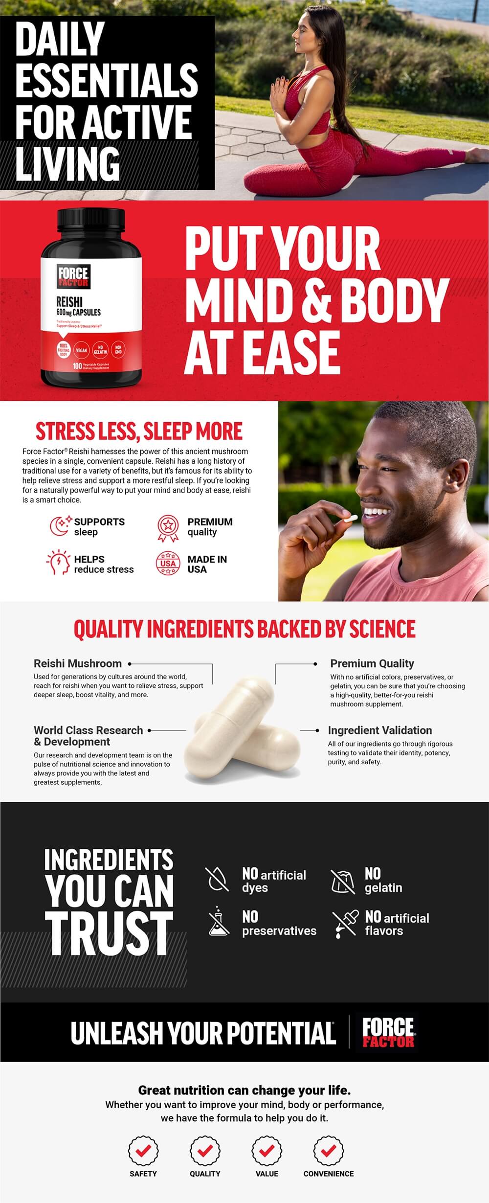 Full product page for Reishi featuring lifestyle images, full product description, and list of product features and benefits