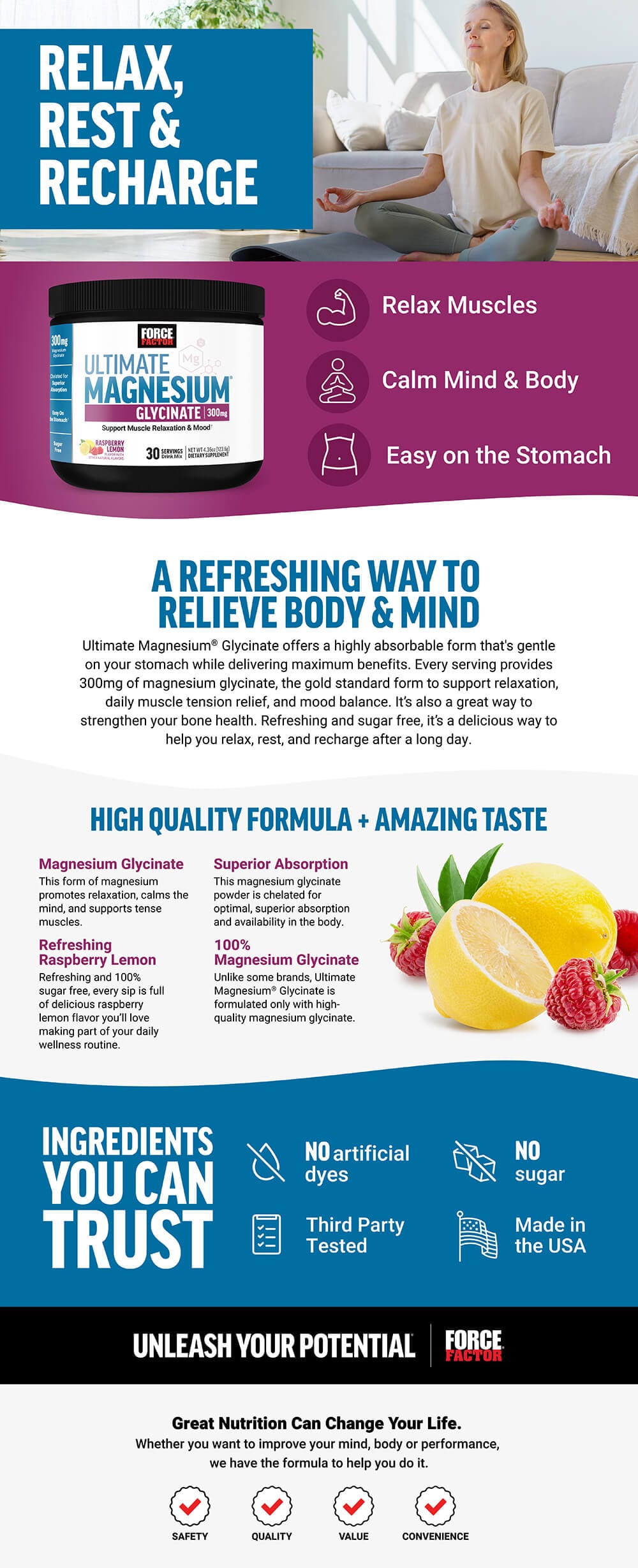 Full product page for Force Factor Ultimate Magnesium Glycinate featuring lifestyle images, full product description, and list of product features and benefits