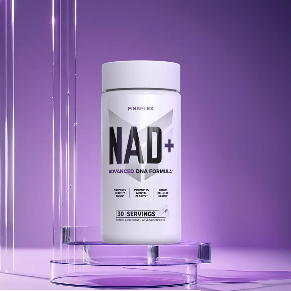 Finaflex NAD+ bottle displayed on a glass stand with a purple background