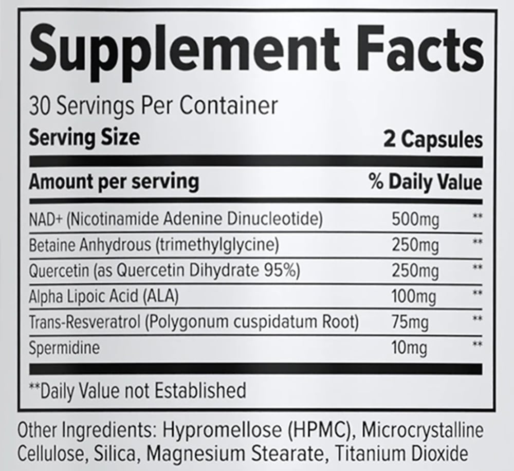 Supplement Facts label for Finaflex NAD+ listing 500mg NAD+, 250mg Betaine Anhydrous, and other ingredients