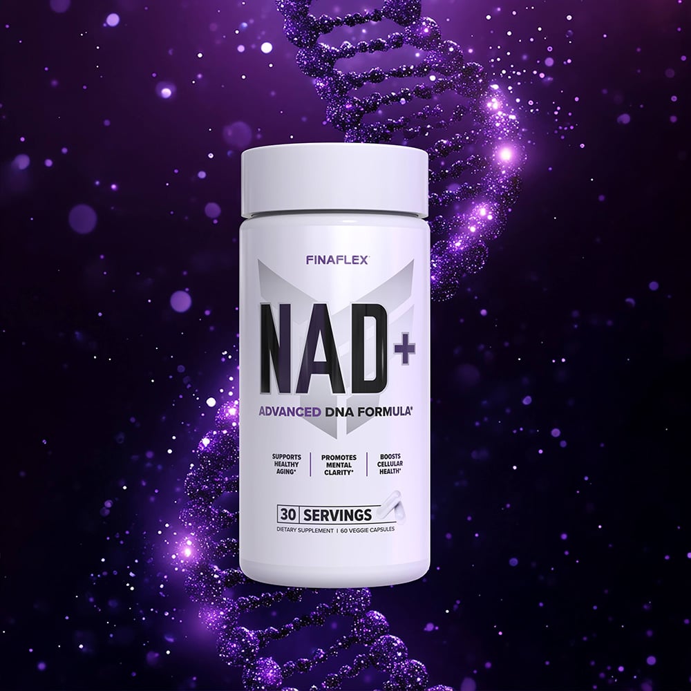 Finaflex NAD+ Advanced DNA Formula bottle in front of a purple sparkling DNA helix