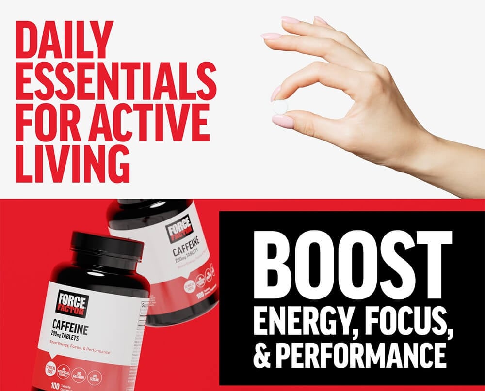 Main product header with hand holding tablet - daily essentials for active living; boost energy, focus, & performance*