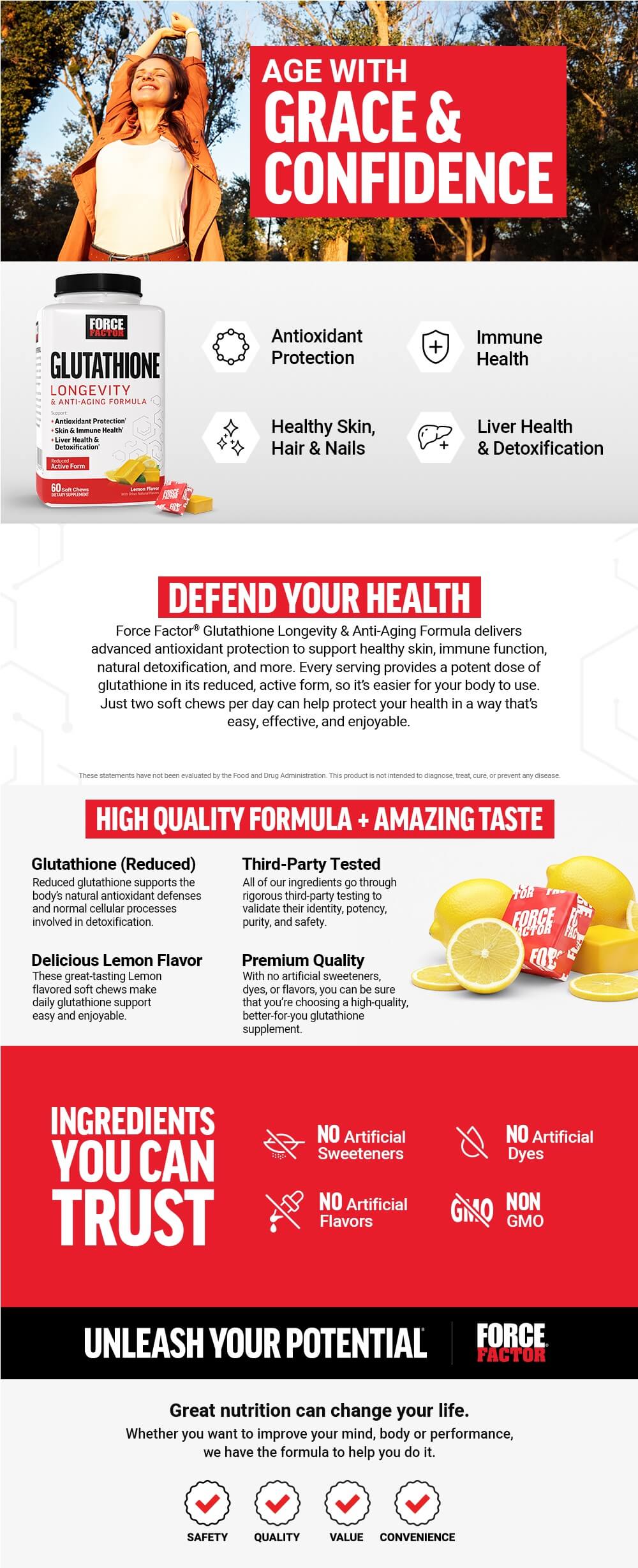 Full product page for Force Factor Glutathione Longevity & Anti-Aging Formula Soft Chews featuring lifestyle images, full product description, and list of product features and benefits